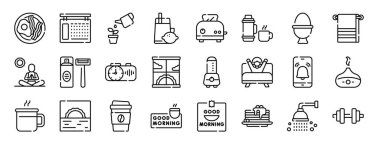 Kahvaltı, takvim, sulama bitkileri, meyve suyu, tost, termos, haşlanmış yumurta vektör simgeleri gibi 24 ana hatlı iyi sabahlar sunumu, diyagram, web tasarımı, mobil uygulama
