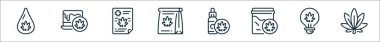 Esrar ve ot çizgisi ikonlarının ana hatları. Yağ, brownie, tıbbi rapor, torba, tentür, plastik torba, ampul, kenevir gibi doğrusal vektör simgeleri