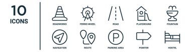 Rapor, sunum, diyagram, web tasarımı gibi ince çizgi yol çalışmaları, yol, çeşme, rota, işaretçi, hostel, navigasyon simgeleri gibi taslak simge seti