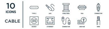 Rapor için ince çizgi tipi c, kablo makarası, bağlayıcı, ethernet, usb merkez, kablo, soket simgeleri, sunum, diyagram, web tasarımı gibi tasarım simgeleri