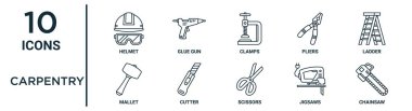 carpentry outline icon set such as thin line helmet, clamps, ladder, cutter, jigsaws, chainsaw, mallet icons for report, presentation, diagram, web design clipart