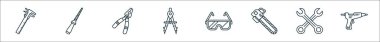 Marangozluk çizgisi simgelerinin ana hatları. Vernier caliper, rasp, pense, çizim pusulası, güvenlik gözlüğü, zincir testeresi, anahtar, yapıştırıcı tabancası gibi doğrusal vektör simgeleri