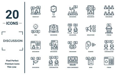 tartışma doğrusal simgesi seti. Rapor için ince çizgi video sohbet, fikir, tartışma, forum, sohbet simgeleri, sunum, diyagram, web tasarımı