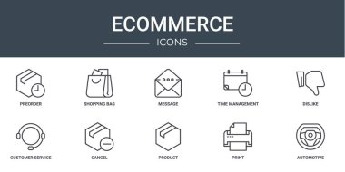 Önsipariş, alışveriş çantası, mesaj, zaman yönetimi, hoşlanmama, müşteri hizmetleri, rapor, sunum, diyagram, web tasarımı, mobil tasarım gibi 10 ana hatlı web ekommerce simgesi seti