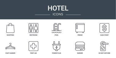 Alışveriş, tuvalet, havuz, buzdolabı, nakit para birimi, elbise askısı, rapor için ilk yardım vektör simgeleri, sunum, diyagram, mobil uygulama gibi 10 ana hatlı otel simgesi seti