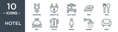 Otel ana hatları simgesi seti ikili olmayan ince çizgi, güç dolgusu, havuz sandalyesi, demir, yiyecek, rapor için zil, çaydanlık simgeleri, sunum, diyagram, web tasarımı içerir