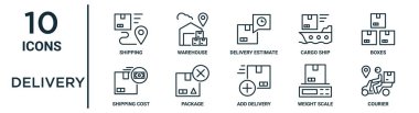 Rapor için ince çizgi taşıma, dağıtım tahmini, kutular, paket, ağırlık ölçeği, kurye, nakliye maliyeti simgeleri, sunum, diyagram, web tasarımı gibi dağıtım ana simgesi seti