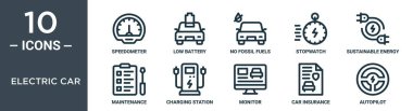 elektrikli araba ana hatları simgesi seti ince çizgi hız göstergesi, düşük batarya, fosil yakıt yok, kronometre, sürdürülebilir enerji, bakım, rapor için şarj istasyonu simgeleri, sunum, diyagram, web