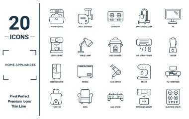 ev aletleri doğrusal simge seti. İnce çizgi bulaşık makinesi, kahve jeni, buzdolabı, tost makinesi, elektrikli soba, pirinç fırını, rapor için televizyon mobilyası ikonları, sunum, diyagram, web tasarımı
