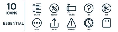 essential outline icon set such as thin line spacing, rename, cut, upload, time, , other icons for report, presentation, diagram, web design clipart