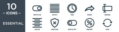 essential outline icon set includes thin line switch on, justify, time, share, rename, center, unsecure icons for report, presentation, diagram, web design clipart