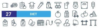 Pastane, hamburger, diyet, içecek, hap, diyet, brokoli, web tasarımı için ince çizgi ikonu, mobil uygulama gibi 27 ana hatlı web diyet ikonu seti.