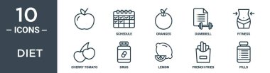 diyet taslak simgesi seti ince çizgi, program, portakal, dambıl, fitness, kiraz domatesi, rapor için uyuşturucu ikonları, sunum, diyagram, web tasarımı