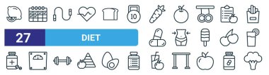 Limon, takvim, ip atlama, portakal, fitness, skaler, diyet, brokoli vektörü, web tasarımı için ince çizgi simgeleri, mobil uygulama gibi 27 ana hatlı web diyet simgesi seti.