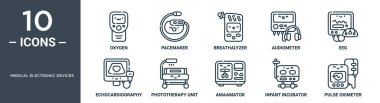 medical electronic devices outline icon set includes thin line oxygen, pacemaker, breathalyzer, audiometer, eeg, echocardiography, phototherapy unit icons for report, presentation, diagram, web clipart