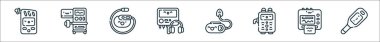 outline set of medical electronic devices line icons. linear vector icons such as breathalyzer, anesthesia, pacemaker, audiometer, nebulizer, ct injector, fetal monitor, digital thermometer clipart
