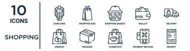 İnce çizgi çizgisi simgesi seti gibi; hine, alışveriş sepeti, dağıtım, paket, ödeme yöntemi, fatura, rapor için mücevher simgeleri, sunum, diyagram, web tasarımı