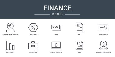 Rapor, sunum, diyagram, web tasarımı, mobil uygulama gibi 10 ana hatlı web finans simgesi seti, döviz, indirim, nakit, fatura, sertifika, bar şeması, evrak çantası vektör simgeleri