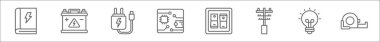 Elektrik hattı simgelerinin ana hatları. Kitap, toplayıcı, adaptör, pcb tahtası, ışık anahtarı, kutup, yol gösteren ışık, ölçüm gibi doğrusal vektör simgeleri
