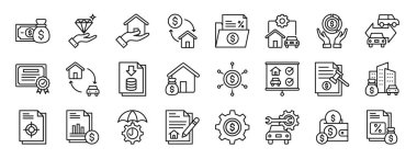 Nakit, değer, satın alma, yeniden finansman, portofolio, yönetim, rapor, sunum, diyagram, web tasarımı için tahsis vektör simgeleri gibi 24 ana hatlı web varlık yönetim simgesi kümesi,