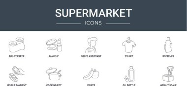 Tuvalet kağıdı, makyaj malzemesi, satış asistanı, tişört, yumuşatıcı, mobil ödeme, rapor için tencere vektör simgeleri, sunum, diyagram, web tasarımı gibi 10 ana hatlı süpermarket simgesi seti,