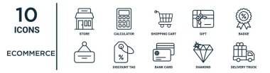 ecommerce ana hat simgesi seti, ince çizgi mağaza, alışveriş arabası, rozet, indirim etiketi, elmas, dağıtım kamyonu, rapor simgeleri, sunum, diyagram, web tasarımı gibi