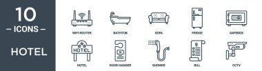 Otel ana hatları ikonu seti ince çizgi wifi router, banyo küveti, kanepe, buzdolabı, kasa kutusu, otel, kapı askı simgeleri rapor için, sunum, diyagram, web tasarımı içerir
