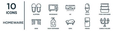 İnce çizgi terlikler, ac, yemek kabı, sabun dağıtıcısı, buzdolabı, mum tutucu, rapor için masa simgeleri, sunum, diyagram, web tasarımı gibi ev yazılımı ana hatları simgesi seti