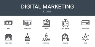 Bilet, bilgisayar, dizüstü bilgisayar, depozito, kredi kartı, depolama önü, rapor için avro vektör simgeleri, sunum, diyagram, mobil uygulama gibi 10 ana hatlı web dijital pazarlama simgesi seti