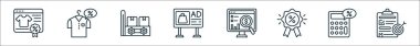 Satış yönetimi simgelerinin ana hatları. İndirim, indirim, yönetim, reklamcılık, büyük veriler, büyük satış, indirim, hedef gibi doğrusal vektör simgeleri