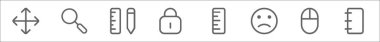 Ui temel renk çizgisi simgelerinin ana hatları. hareket, arama, cetvel, kilit, cetvel, üzgün, fare, not defteri gibi doğrusal vektör simgeleri