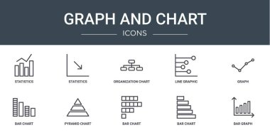 Rapor, sunum, diyagram, web tasarımı gibi 10 ana hatlı web grafik ve grafik simgesi kümesi, çizgi grafik, grafik, grafik, bar şeması, piramit vektör simgeleri,