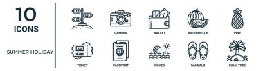 İnce çizgi, cüzdan, çam, pasaport, sandaletler, palmiye ağacı, rapor için bilet simgeleri, sunum, diyagram, web tasarımı gibi yaz tatili ana hatları simgesi