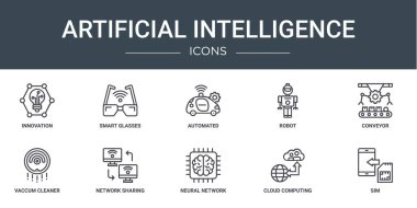 Yenilik, akıllı gözlük, otomatik, robot, taşıyıcı, aşı temizleyici, rapor, sunum, diyagram, web paylaşım vektör simgeleri gibi 10 ana hatlı yapay zeka simgesi seti