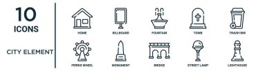 Rapor için ince çizgi ev, çeşme, çöp kutusu, anıt, sokak lambası, deniz feneri, dönme dolap simgeleri, sunum, diyagram, web tasarımı gibi şehir ögesi ana simgesi seti