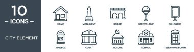 Şehir ögesi ana hatları seti ince çizgi ev, anıt, köprü, sokak lambası, reklam panosu, posta kutusu, rapor için adliye simgeleri, sunum, diyagram, web tasarımı içerir