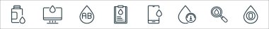 Kan çizgisi simgeleri dizisi. Demir, tarama, kan grubu ab, tıbbi rapor, kan bağışı, basınç, arama, grup gibi doğrusal vektör simgeleri