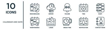 calendar and date outline icon set such as thin line rescheduling, volume, diary, lunar, notification, contact book, maintenance icons for report, presentation, diagram, web design clipart