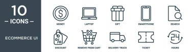 ecommerce ui özet seti ince çizgi para, dizüstü bilgisayar, hediye, akıllı telefon, arama, indirim, rapor, sunum, diyagram, web tasarımı için sepet simgelerinden kaldırma