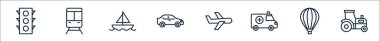 Taşıma hattı simgelerinin ana hatları. trafik ışığı, tren, gemi, araba, uçak, ambulans, sıcak hava balonu, traktor gibi doğrusal vektör simgeleri