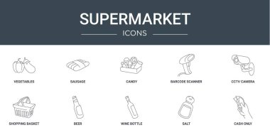 Sebze, sosis, şeker, barkod tarayıcı, ccTV kamera, alışveriş sepeti, rapor için bira vektör simgeleri, sunum, diyagram, web tasarımı, mobil uygulama gibi 10 ana hatlı süpermarket simgesi seti
