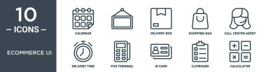 ecommerce ui ana hatları simge seti ince çizgi takvimi, dağıtım kutusu, alışveriş çantası, çağrı merkezi ajanı, dağıtım zamanı, rapor için pos terminal simgeleri, sunum, diyagram, web tasarımı