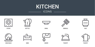 Soba, çaydanlık, kase, ızgara, gaz, bulaşık rafı, rapor için lavabo vektör simgeleri, sunum, diyagram, web tasarımı, mobil uygulama gibi 10 ana hatlı web mutfak simgesi seti