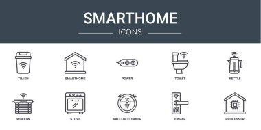 Rapor, sunum, diyagram, web tasarımı, mobil uygulama gibi 10 ana hatlı web akıllı ikonu seti: Çöp, akıllı kitap, güç, tuvalet, su ısıtıcısı, pencere, soba vektör simgeleri