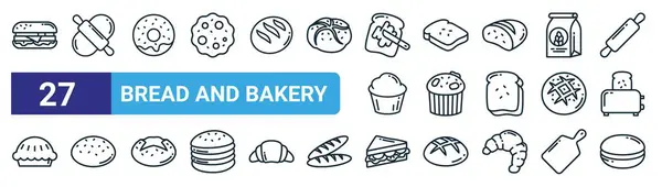 Набір Контурних Веб Хліб Хлібобулочних Значків Таких Бутерброд Рулонний Штифт — стоковий вектор