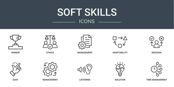Conjunto Contorno Web Soft Skills Iconos Como Ganador Ética Gestión — Archivo Imágenes Vectoriales