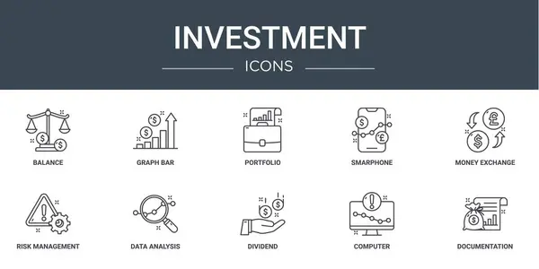 Rapor için denge, grafik çubuğu, portföy, akıllı telefon, para değişimi, risk yönetimi, veri analiz vektör simgeleri, sunum, diyagram, web tasarımı gibi 10 ana hatlı web yatırım simgesi seti,