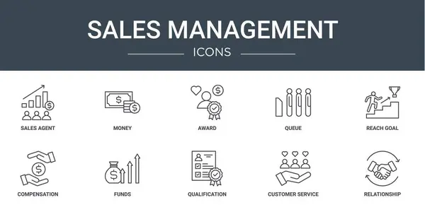 Set Outline Web Sales Management Icons Sales Agent Money Award — Stock Vector