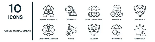 Kriz yönetimi ana hatları simgesi: İnce çizgi aile sigortası, aile sigortası, sigorta, kriz, acil durum, rapor, sunum, diyagram, web tasarımı