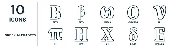 İnce çizgi beta, omega, nu, eta, delta, epsilon, rapor için pi simgeleri, sunum, diyagram, web tasarımı gibi Yunan alfabesi ana hatları simgesi kümesi